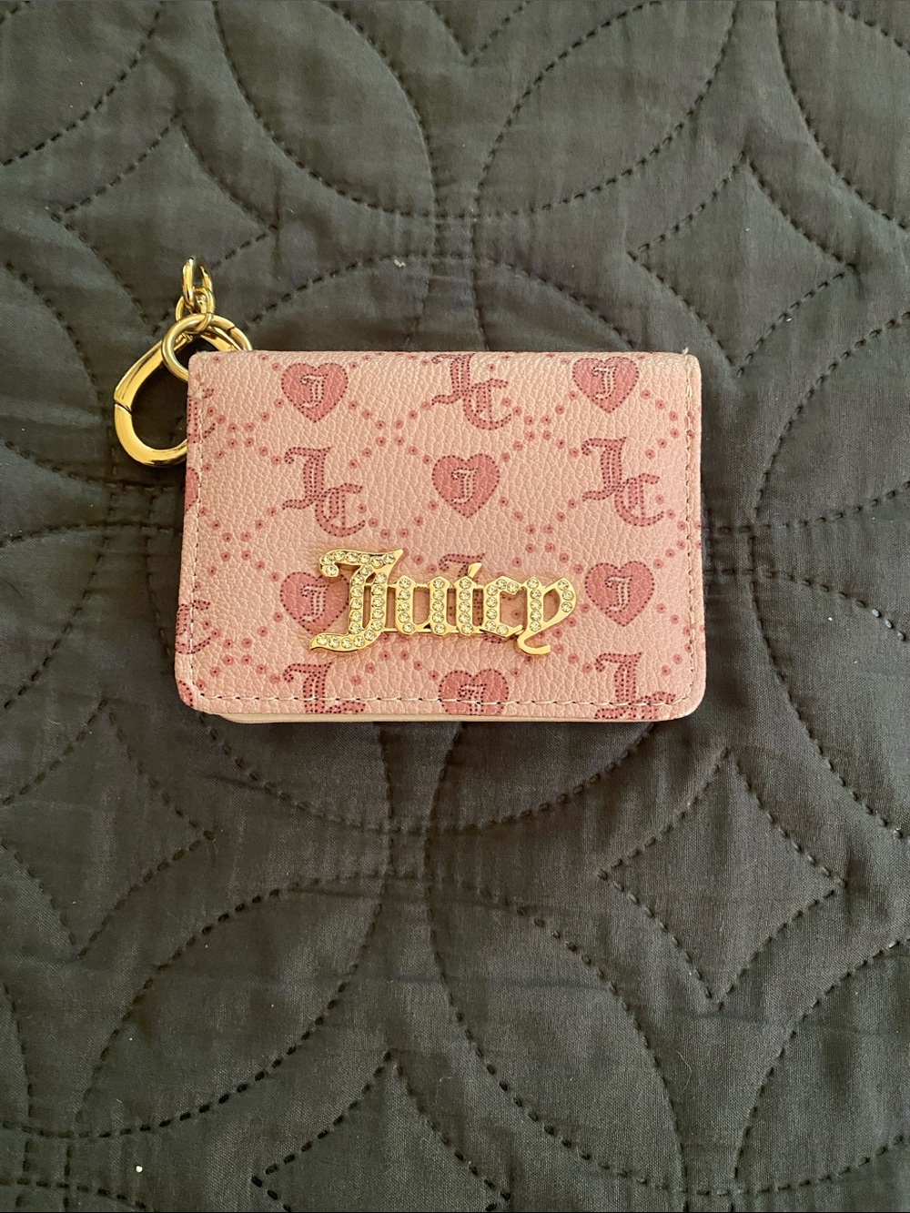 Juicy Couture Pink Monogram Cardholder Keychain with Gold Logo